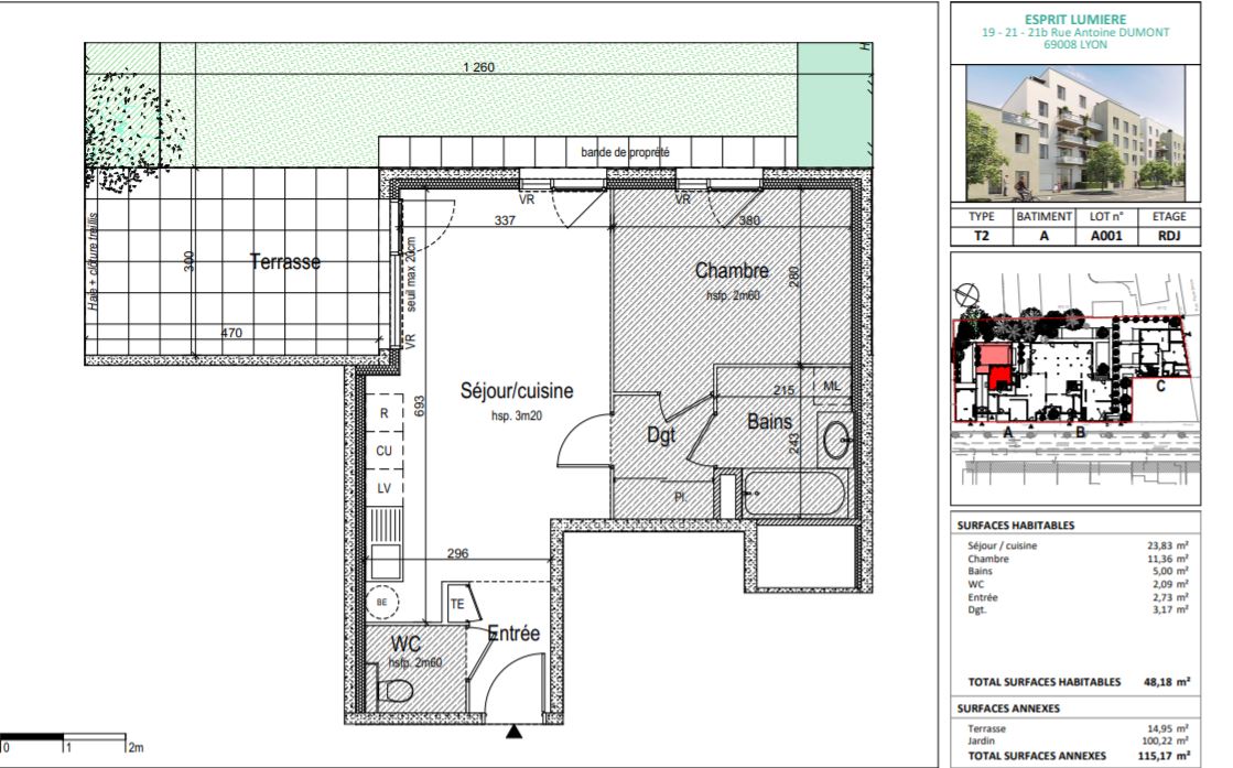 T2 de 48 m² en rez-de-jardin à Lyon 8