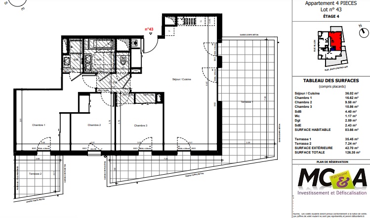 T4 de standing de 83 m² + Terrasses de 42 m² Lyon 8ème