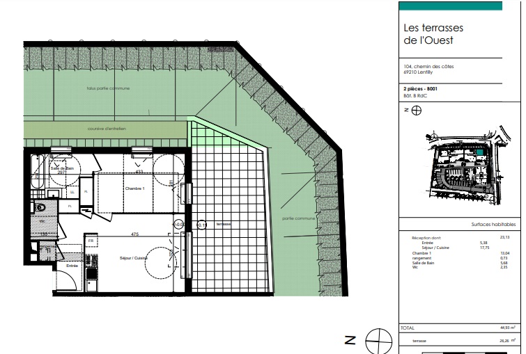 Lentilly, Beau T2 de 44.93 m² avec terrasse de 26 m²