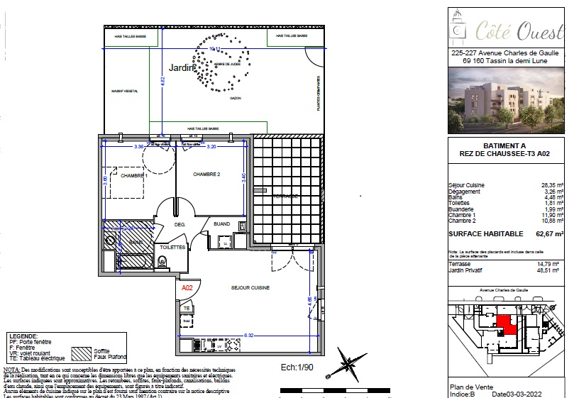 Rare ! 3 pieces 62m²Tassin avec jardin
