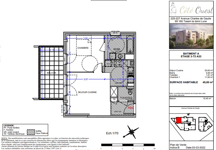 Tassin centre, beau T2 45m² avec balcon 10.45m²