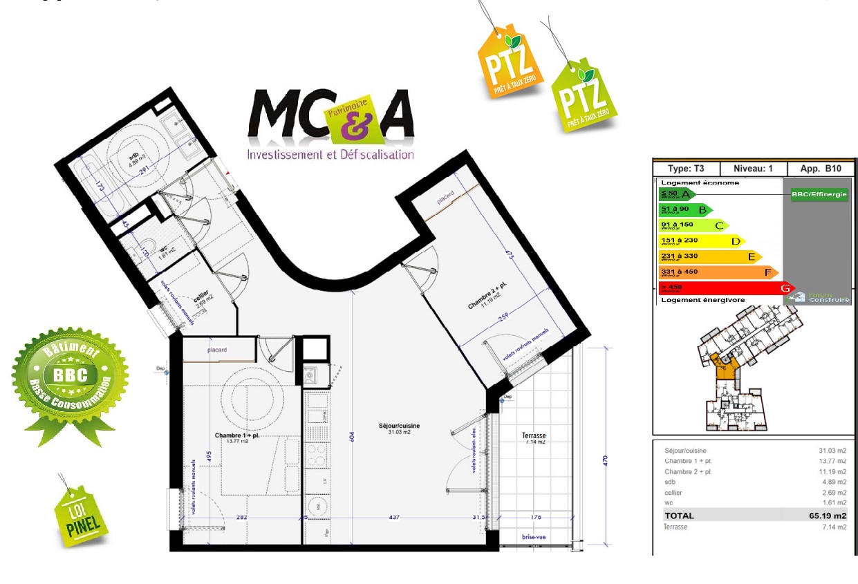 Grand 3 pièces terrasse vue Dégagée 