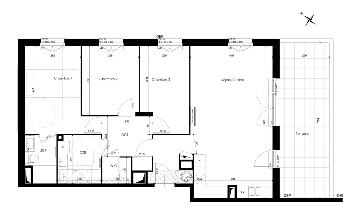 Grand 4 pièces terrasse vue Dégagée 