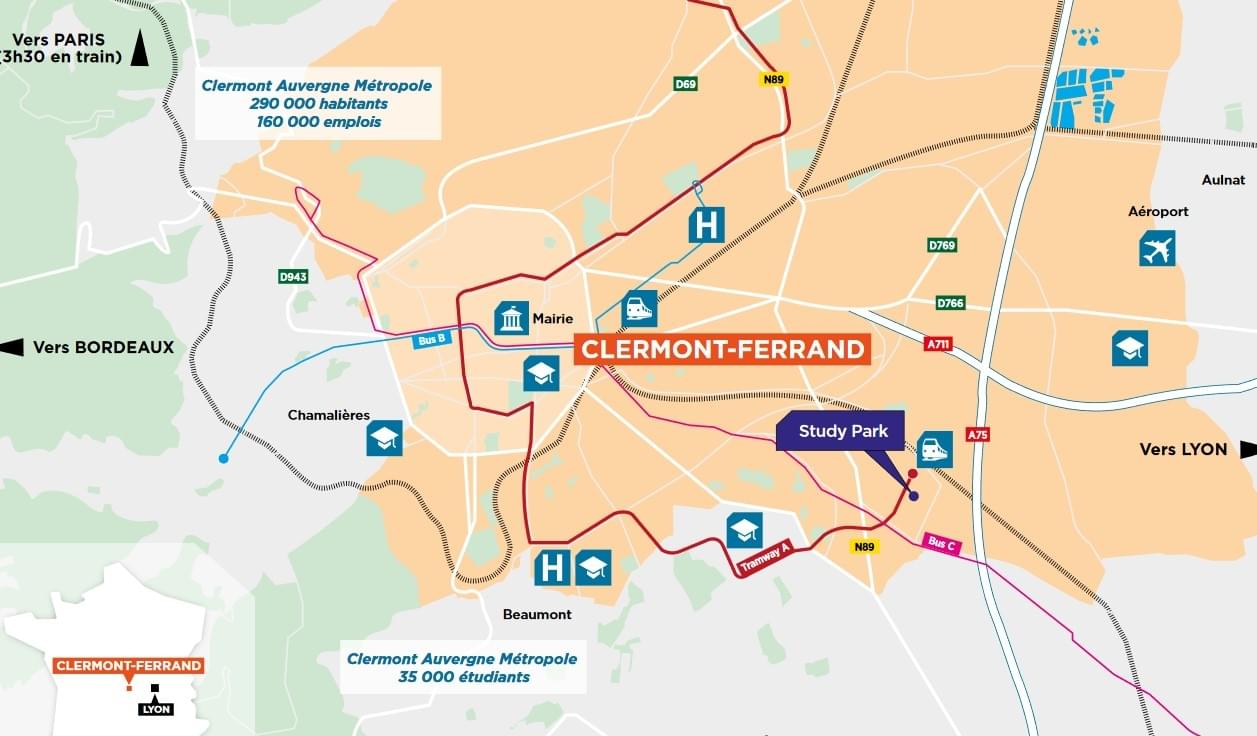 Résidence à Clermont-Ferrand Idéalement situé dans le quartier étudiant, Bus, Tram, Gare à moins de 5 min à pied, Lycée, Supermarché, Commerces,