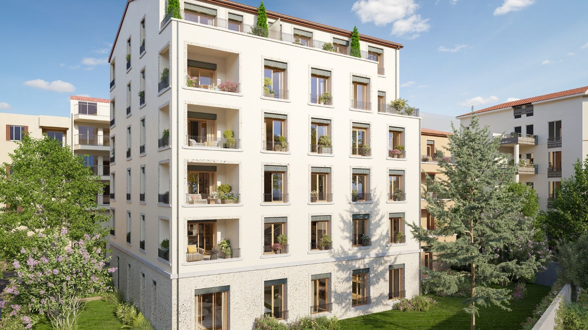 Résidence à Lyon 3 Résidence intimiste — 14 appartements seulement, Appartements bi-orientés ou traversants,  Jardin paysager avec arbres conservés,  Espaces extérieurs pour tous (loggias, terrasses, attiques) , T3 & T6 à moins de 500 m, Parking sous-sol + local vélos,