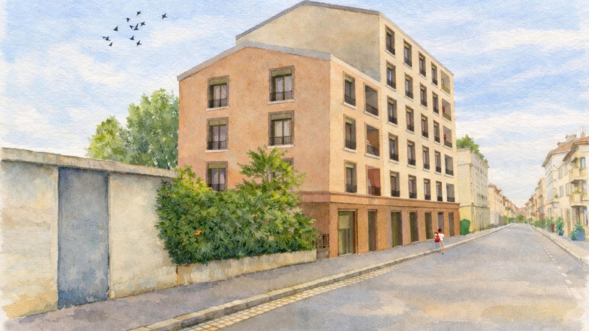 Résidence à Lyon 3 Résidence intimiste — 14 appartements seulement, Appartements bi-orientés ou traversants,  Jardin paysager avec arbres conservés,  Espaces extérieurs pour tous (loggias, terrasses, attiques) , T3 & T6 à moins de 500 m, Parking sous-sol + local vélos,