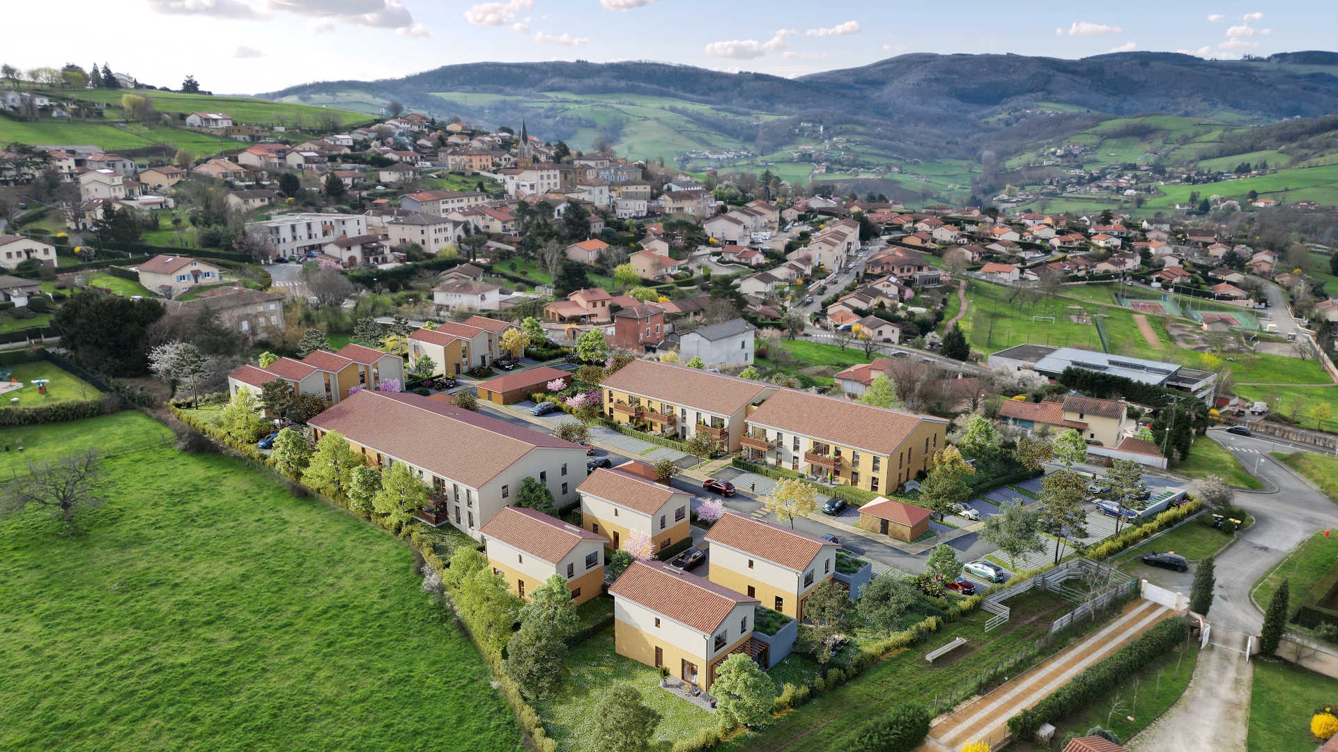 Résidence à Sourcieux les Mines Programme composé de d'appartements et et de maison individuelles en plein coeur du village prox A89 ,